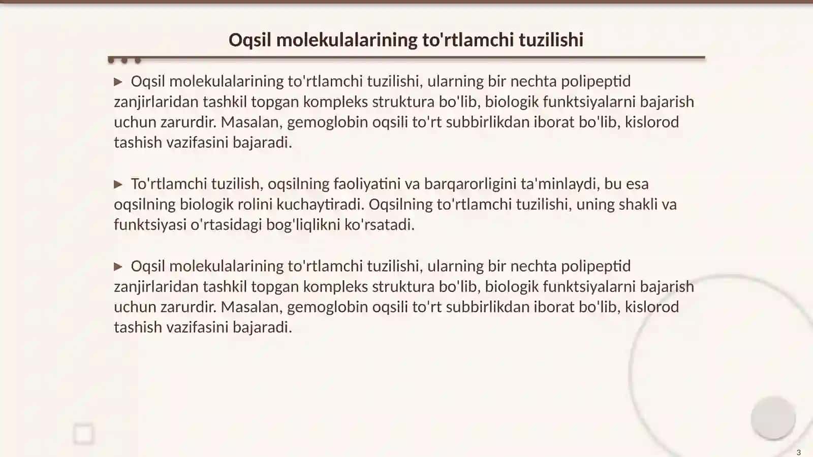 Oqsil molekulasining to'rtlamchi tuzilishini barqarorlashtiruvchi asosiy o'zaro ta'sirlar 3