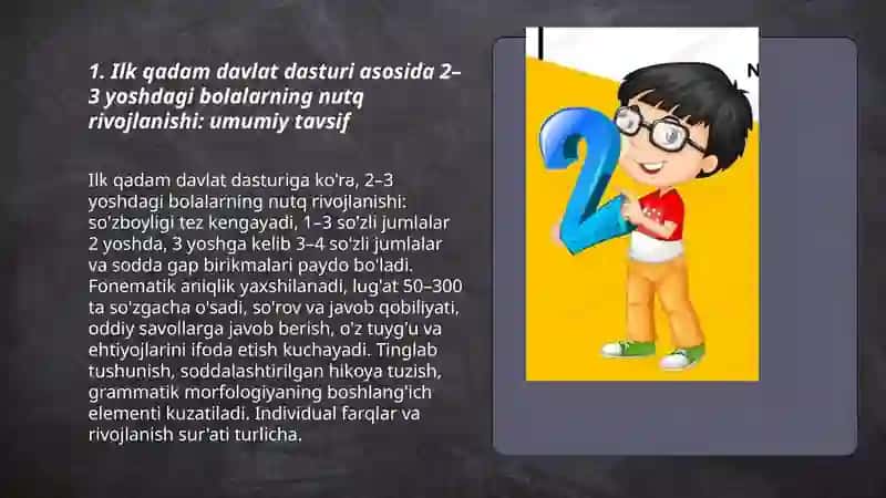 Ilk qadam davlat dasturi asosida 2 yoshdan 3 yoshgacha boʻlgan bolalarning nutqini oʻstirish 3