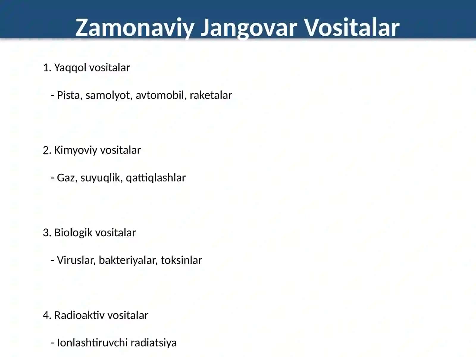 Zamonaviy sharoitlarda qo'llaniladigan jangovar jaroxatlovchi vositalardan xosil,o'lgan jaroxatlarni 3
