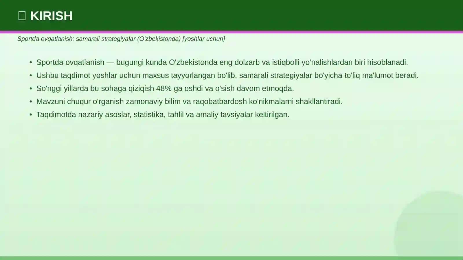 SPORTDA OVQATLANISH: SAMARALI STRATEGIYALAR 3
