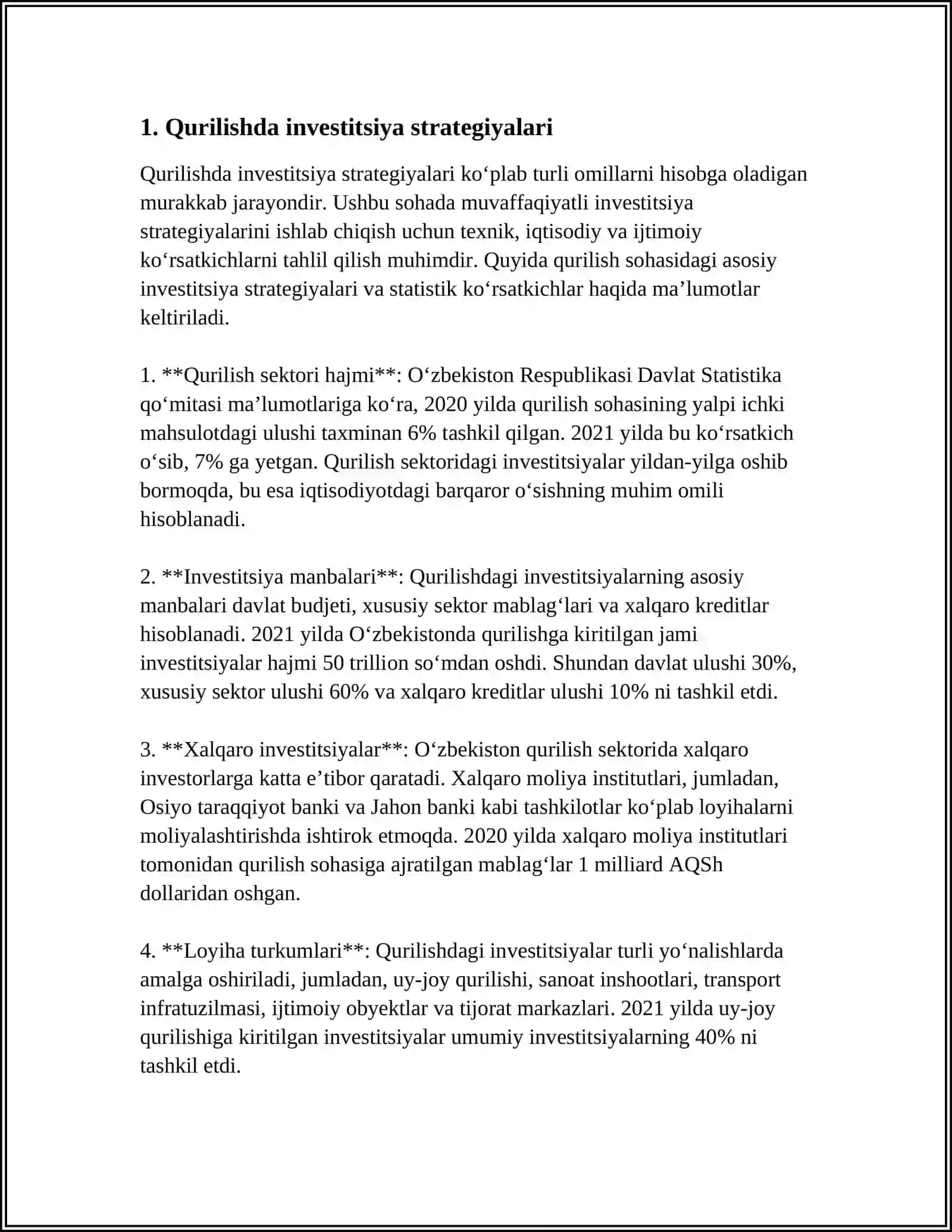 MUSTAQIL ISH Mavzu: QURILISHDA INVESTITSION JARAYONLAR 3