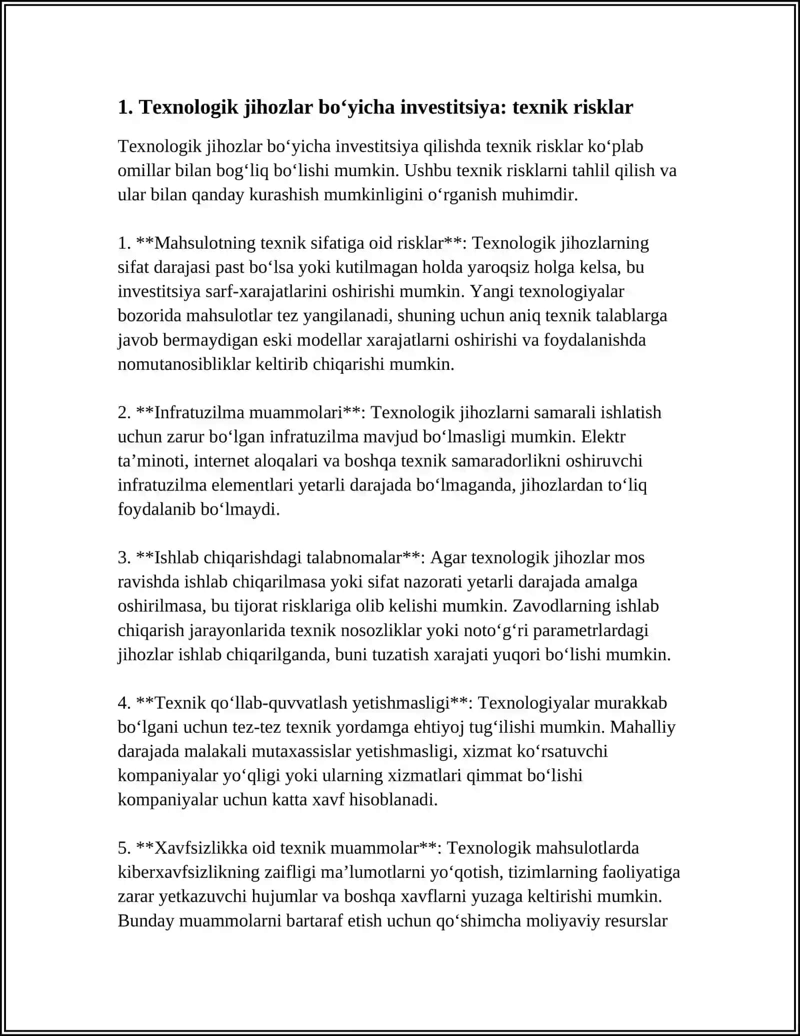 TEXNOLOGIK JIHOZLAR BO'YICHA INVESTITSIYA RISKLARI TAHLILI 3