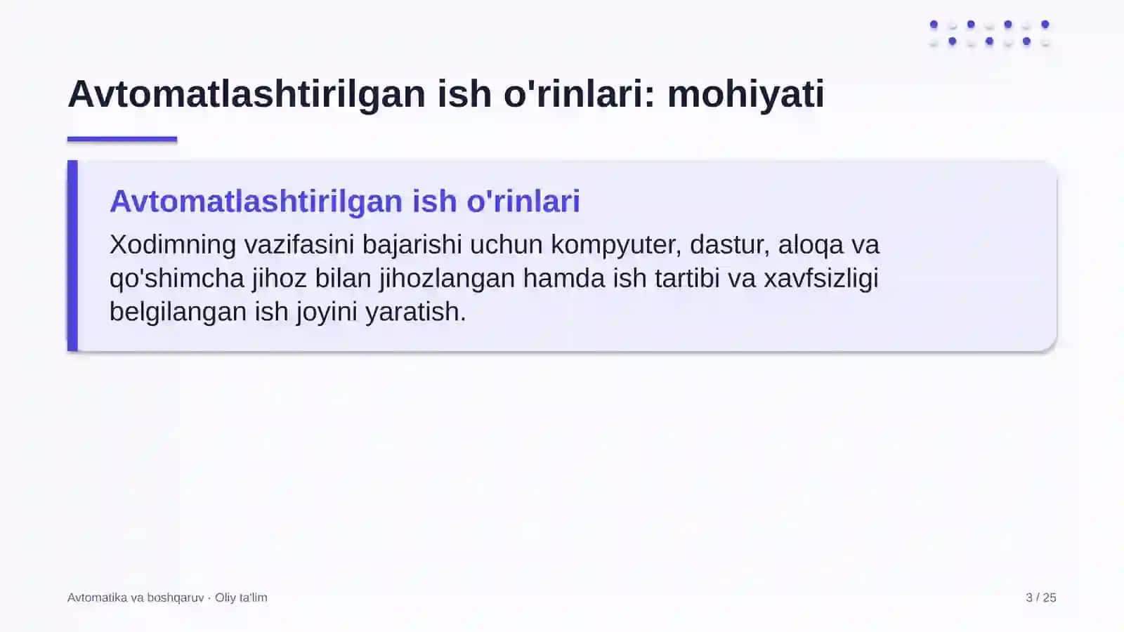 Avtomatika va boshqaruv · Oliy ta'lim 3