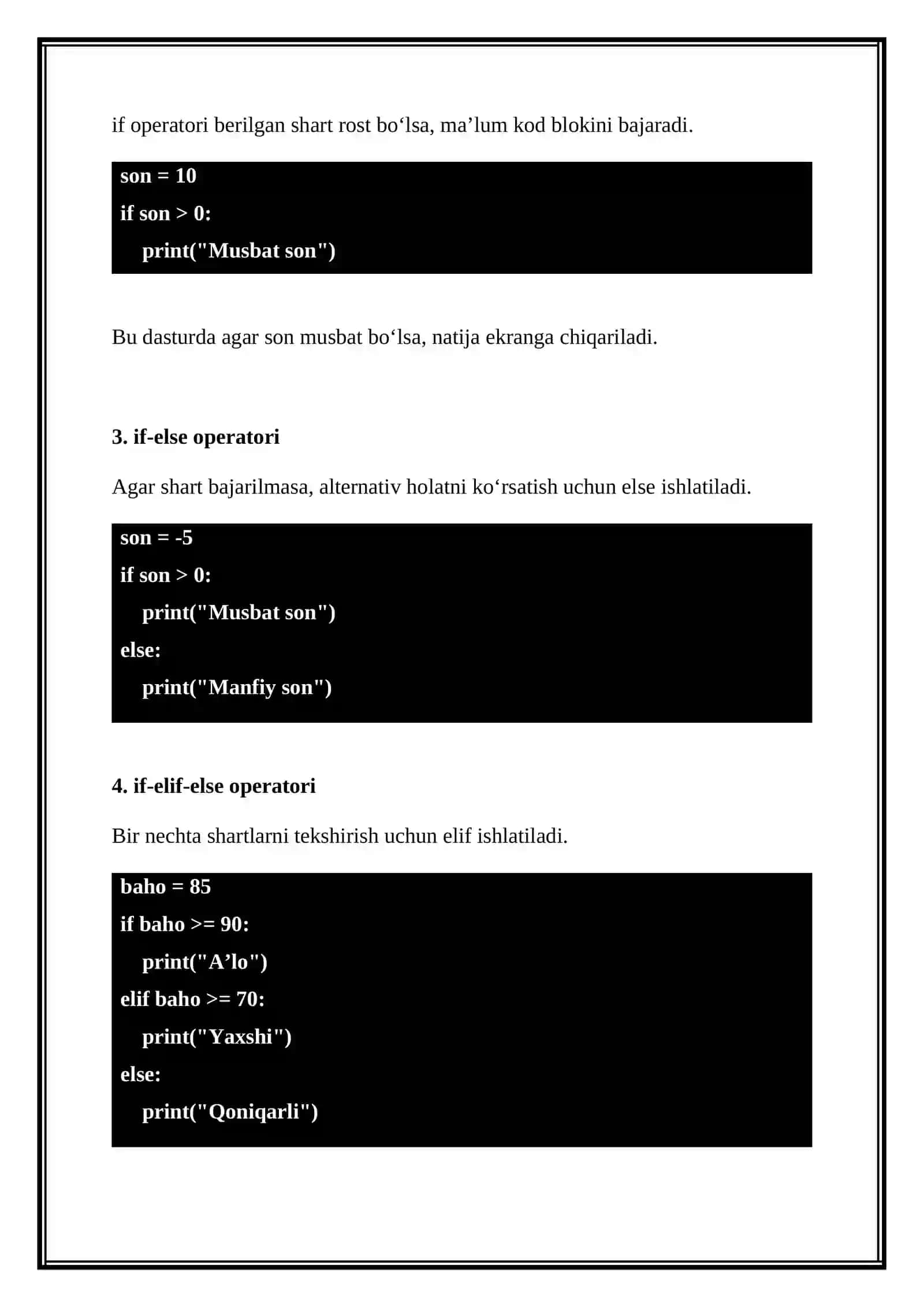 PYTHON DASTURLASH TILIDA SHART OPERATORLARI MAVZUSIDA LOYIHALAR VA DASTURLAR TAYYORLASH 3