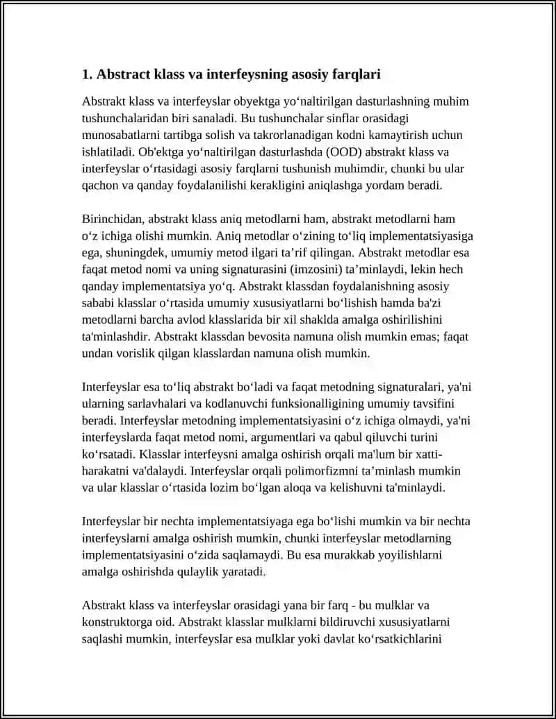 ABSTRAKT KLASS VA INTERFEYSINI QAYSI VAZIYATLARDA TANLASH TOʻGʻRI BOʻLADI 3