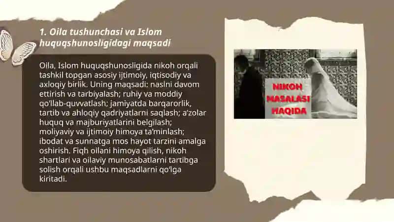 Islom huquqshunosligida oila, nikoh, taloq, idda, zihor tushunchalarini ta'riflash mavzusi 3