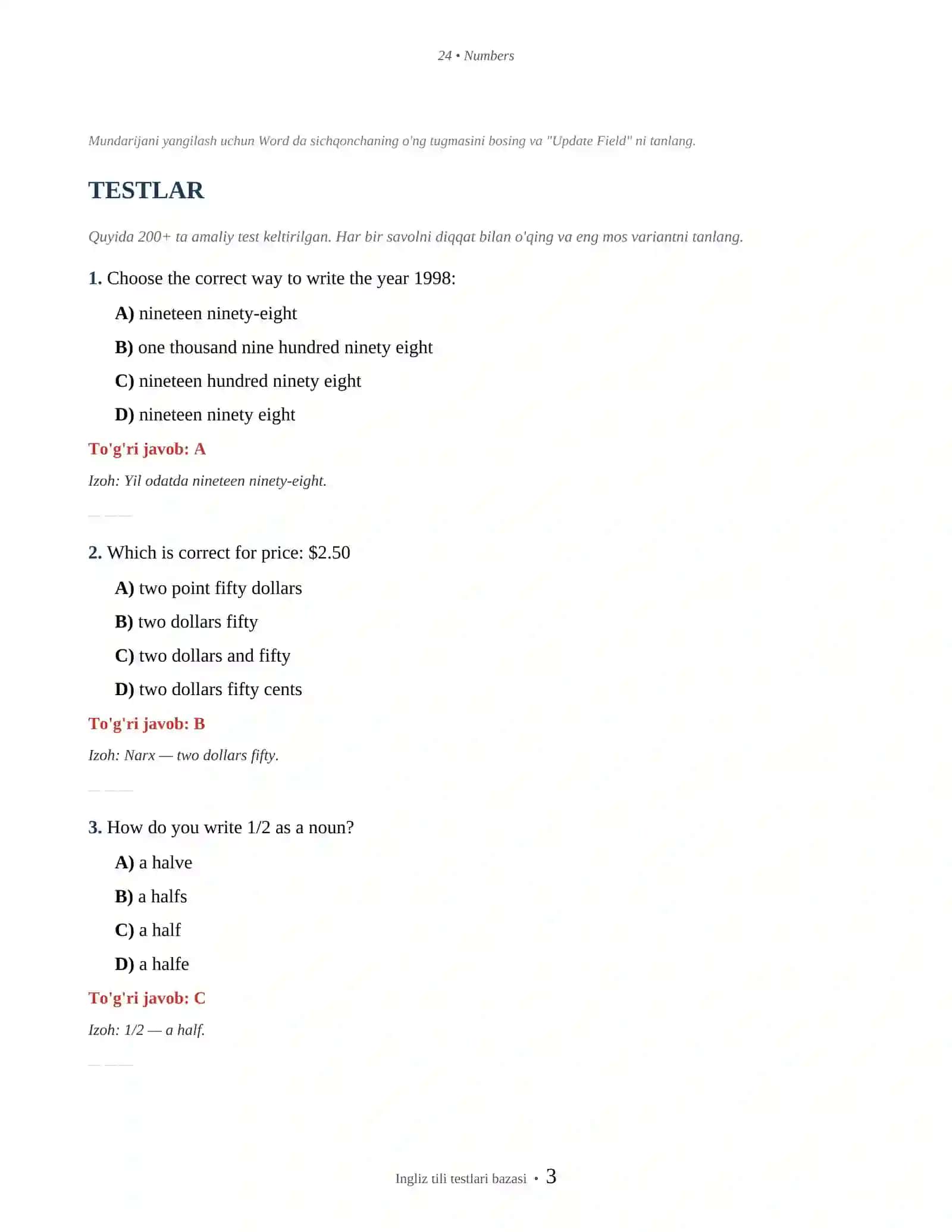 INGLIZ TILI NUMBERS, DATES & TIME 3