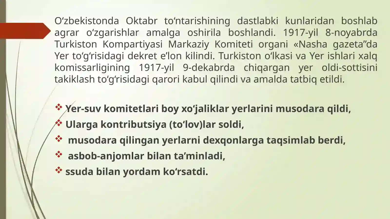 Turkistonda agrar sohadagi munosabatlar, paxtachilik va u bilan bog`liq sanoat korxonalarining faoliyati. 3