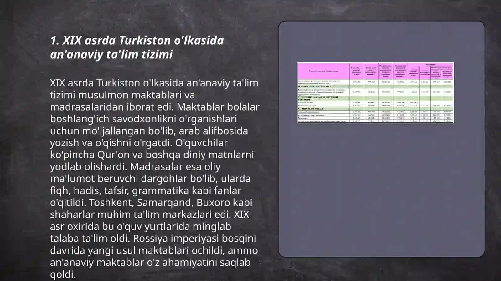 XIX asrning ikkinchi yarmi-XX asrning 1 choragida Turkiston o'lkasida tarbiya,maktab va pedagokik fikrlar 3