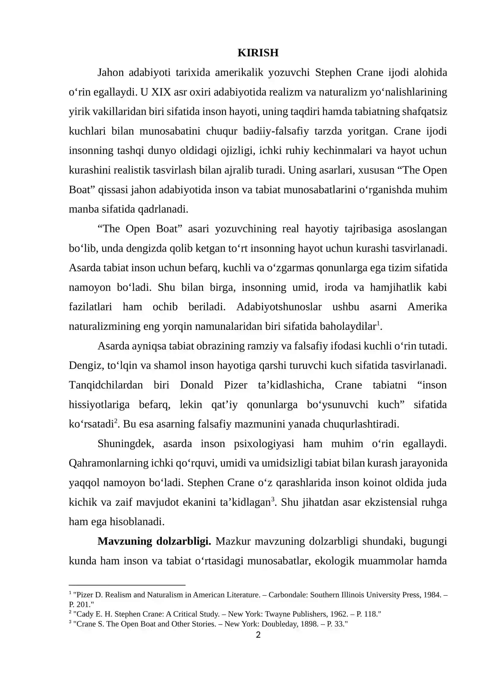 “TIL O‘RGANILAYOTGAN MAMLAKAT ADABIYOTI” fanidan STIVEN KREYNING “ THE OPEN BOAT ” TABIAT VA INSON KUCHLIZLIGI MASALASI mavzusidagi KURS ISHI 3
