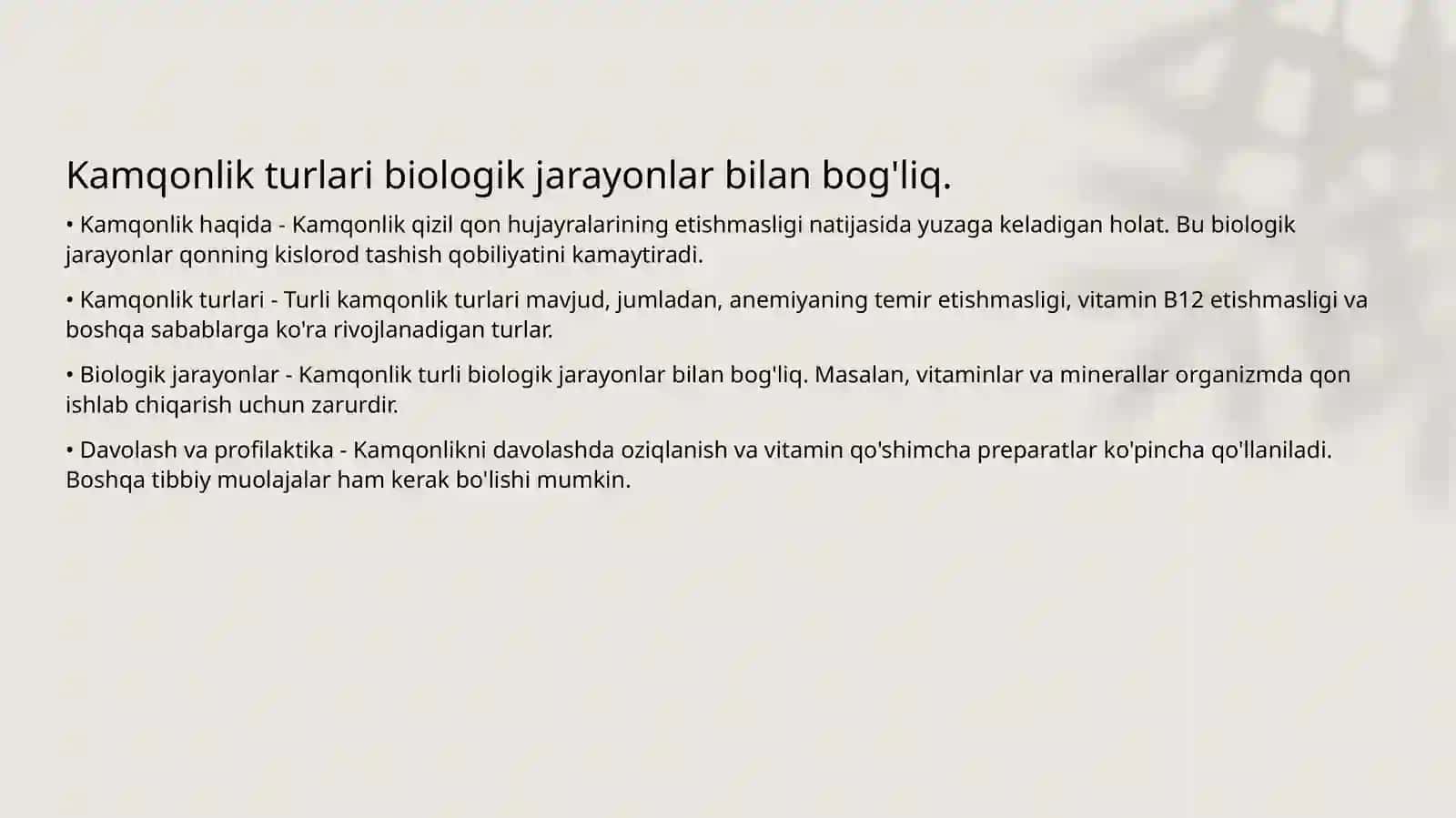 Kamqonlik turlari va sabablari. Kamqonliklar rivojlanishining biokimyoviy sabablari 3