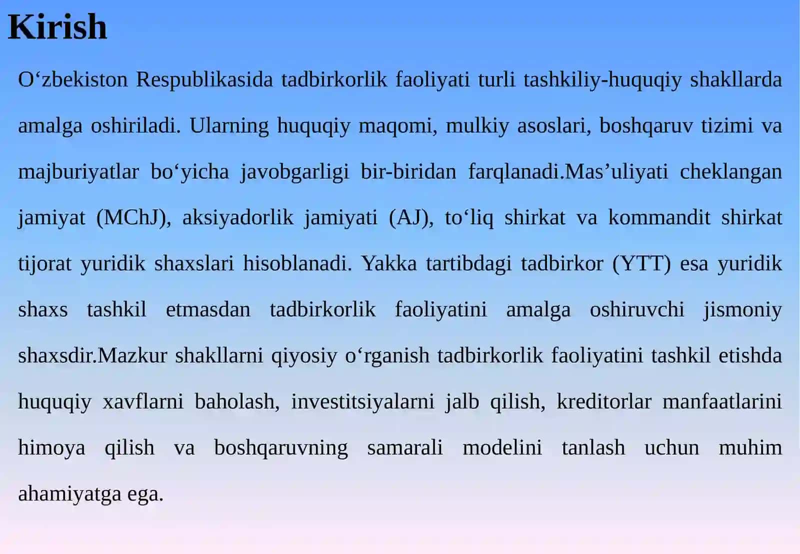 MCHJ, AJ, TO‘LIQ SHIRKAT, KOMMANDIT SHIRKAT VA YTTNING QIYOSIY-HUQUQIY TAVSIFI: HUQUQIY MAQOM, KAPITAL, JAVOBGARLIK VA BOSHQARUV 3