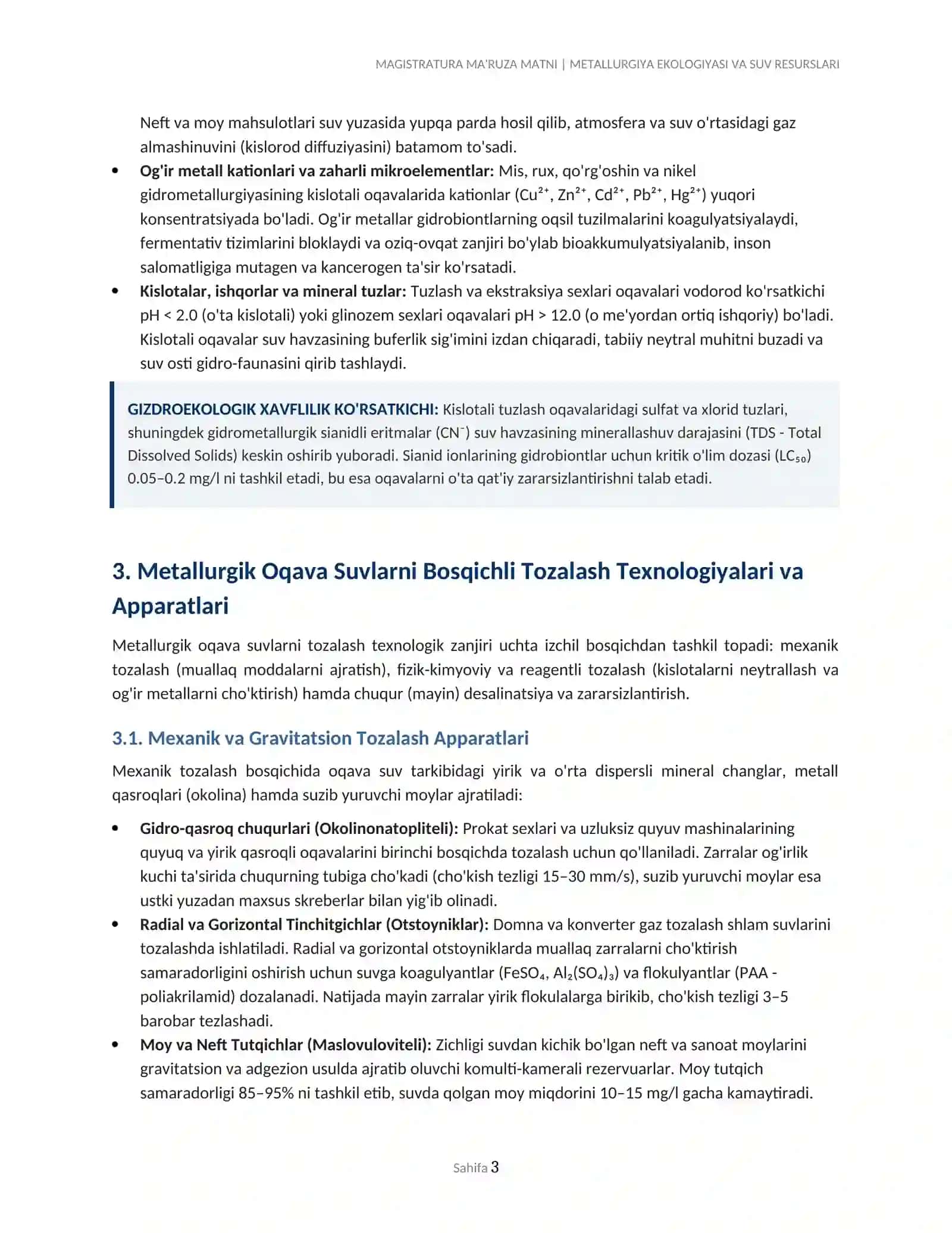 MAGISTRATURA MA'RUZA MATNI | METALLURGIYA EKOLOGIYASI VA SUV RESURSLARI 3