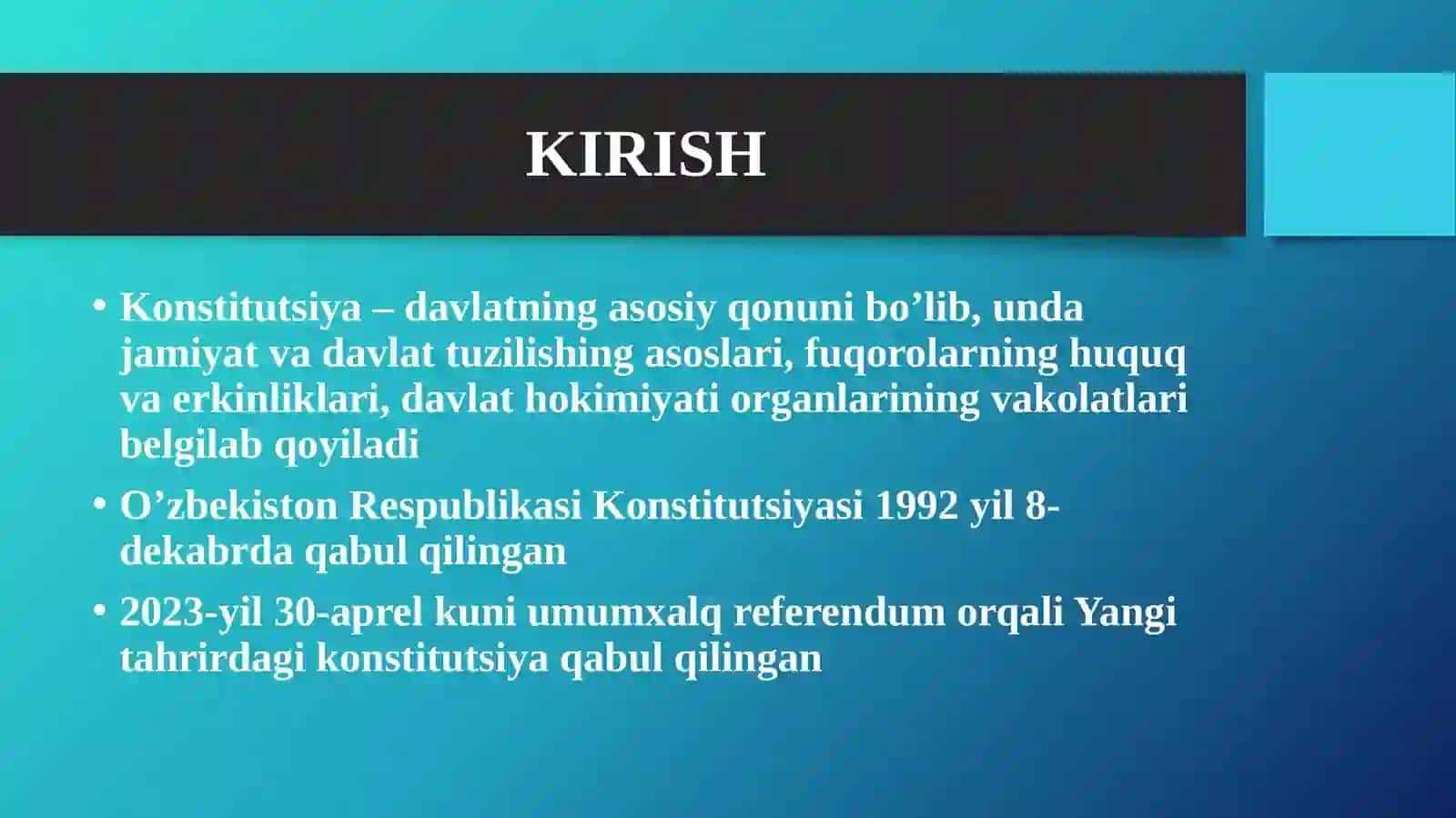 Yangi tahrirdagi O’zbekiston Respublikasi Konstitutsiyasining mazmun-mohiyati va qilinish bosqichlari 3