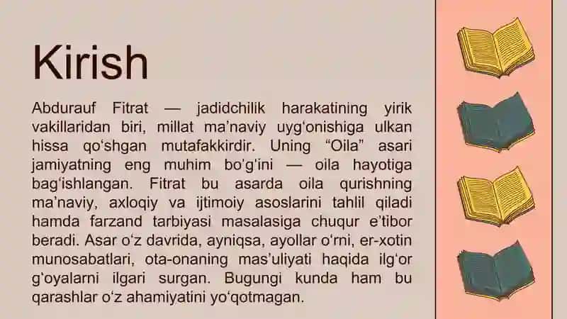 A. Fitratning Oila asarida gi oila qurish tartiblari va farzand tarbiyasiga oid gʻoyalar boʻyicha esse tayyorlash 3