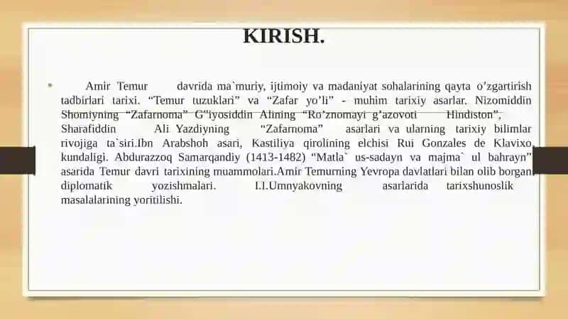 MANBASHUNOSLIK VA TARIXSHUNOSLIKFANI O'QITUVCHISI TEMURVA TEMURIYLARDA VRITARIXSHUNOSLIGI 3