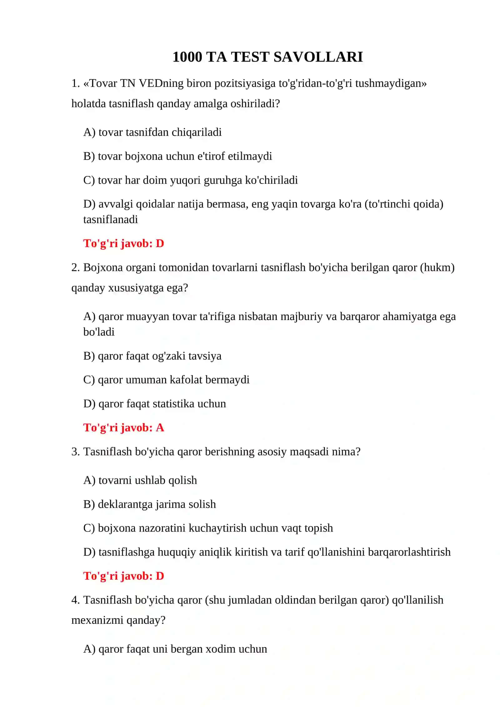 BOJXONA TESTLARI 1000 TA 3