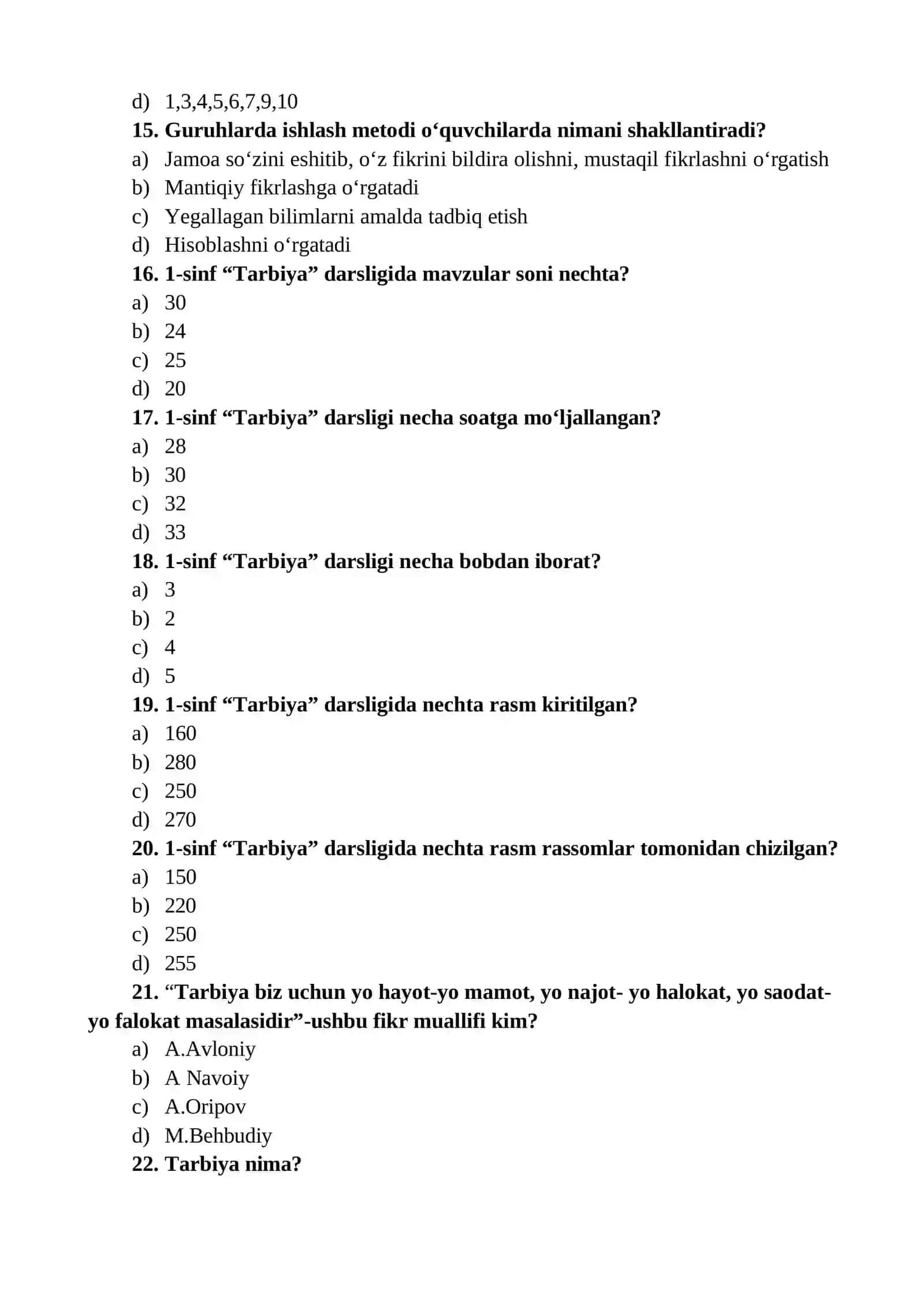 BOSHLANG‘ICH TA’LIMDA TARBIYA FANI” FANIDAN TESTLAR TO‘PLAMI 3