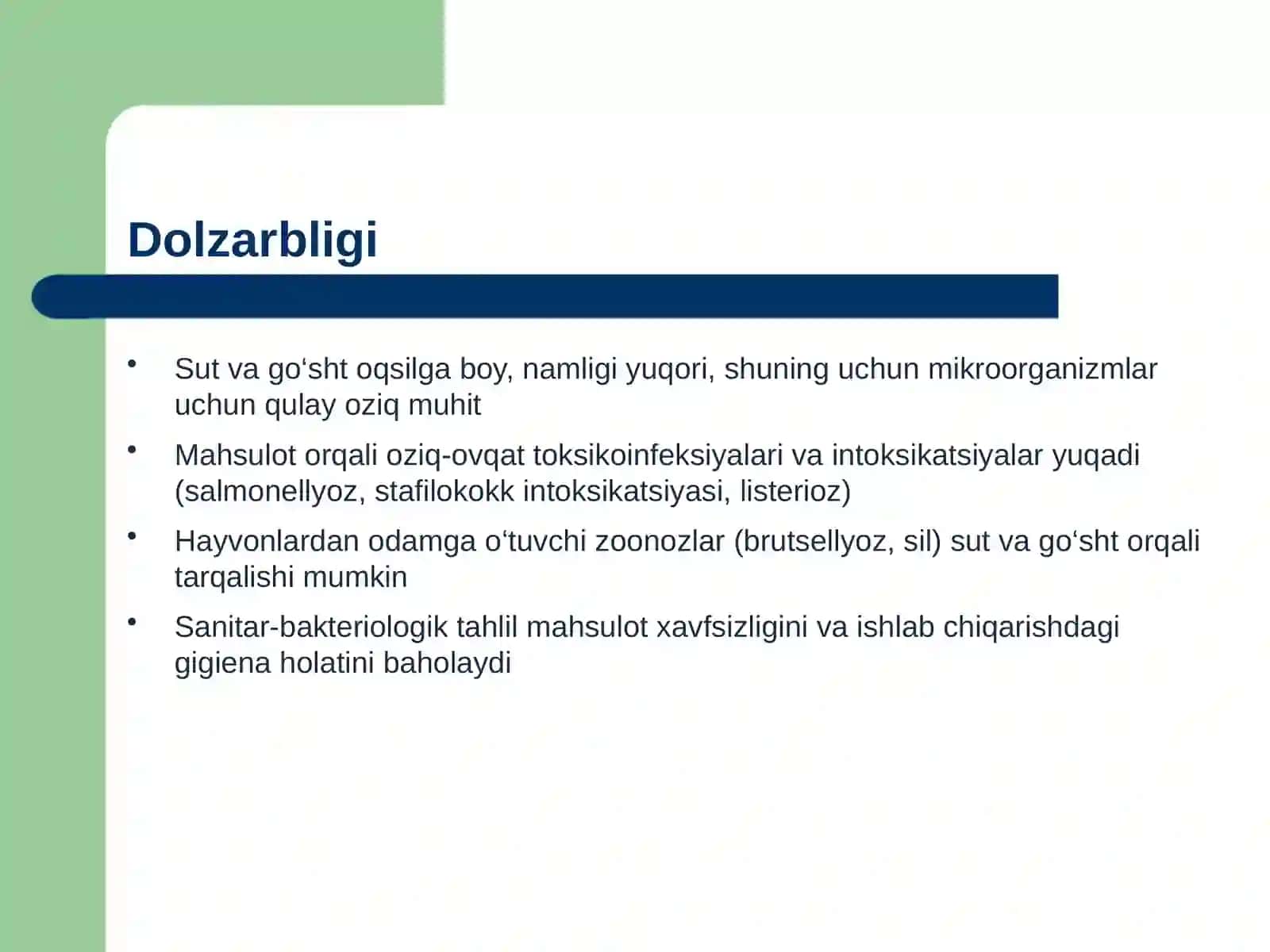 Oziq ovqat mahsulotlariga (sut va go'sht) sanitar bakteriologik baho berish va tahlil qilish 3