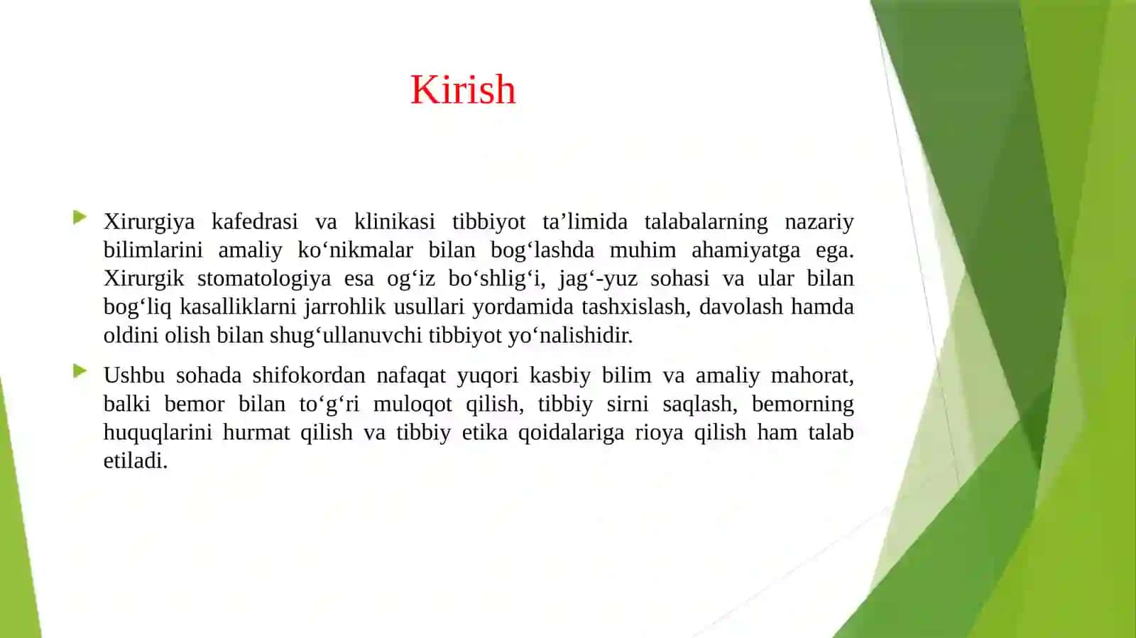 Xirurgiya kafedrasi va klinikasi bilan tanishish. Xirurgik dentologiya va etika 3
