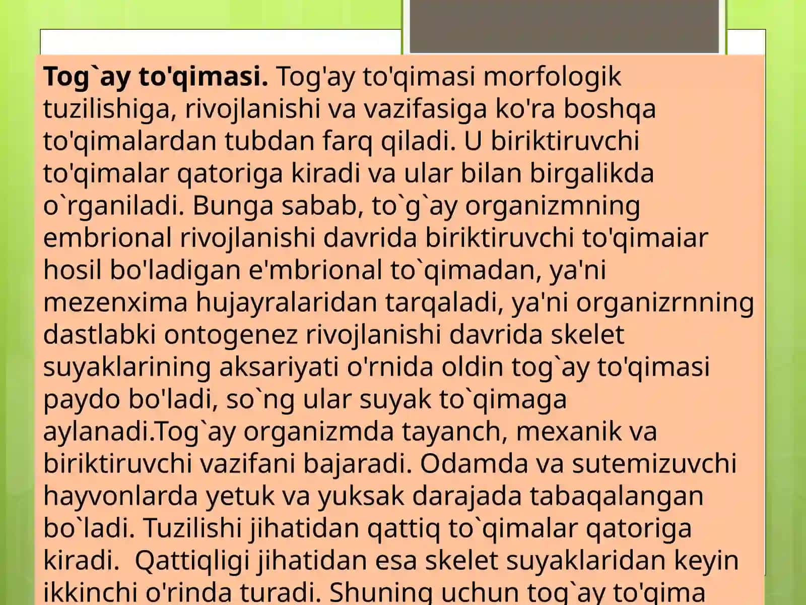 Suyak to'qimalarining minerallashuvi,uning tartibga solinishi va buzilishlari.Suyak to'qimalaring regeneratsiyasi va transplamtatsiyasi.Suyakning o'sishiga ta'sir qiluvchi omillar 3