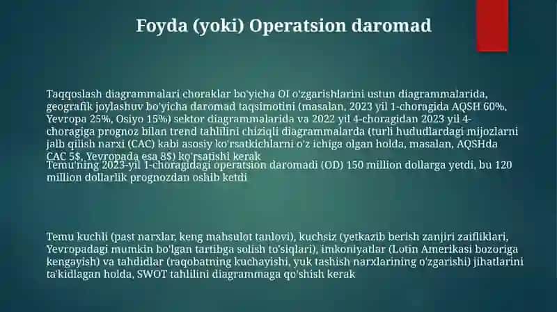 TEMU korxonasining moliyaviy holatini qiyosiy tahlilini diagrammalar orqali tuzib ber 3