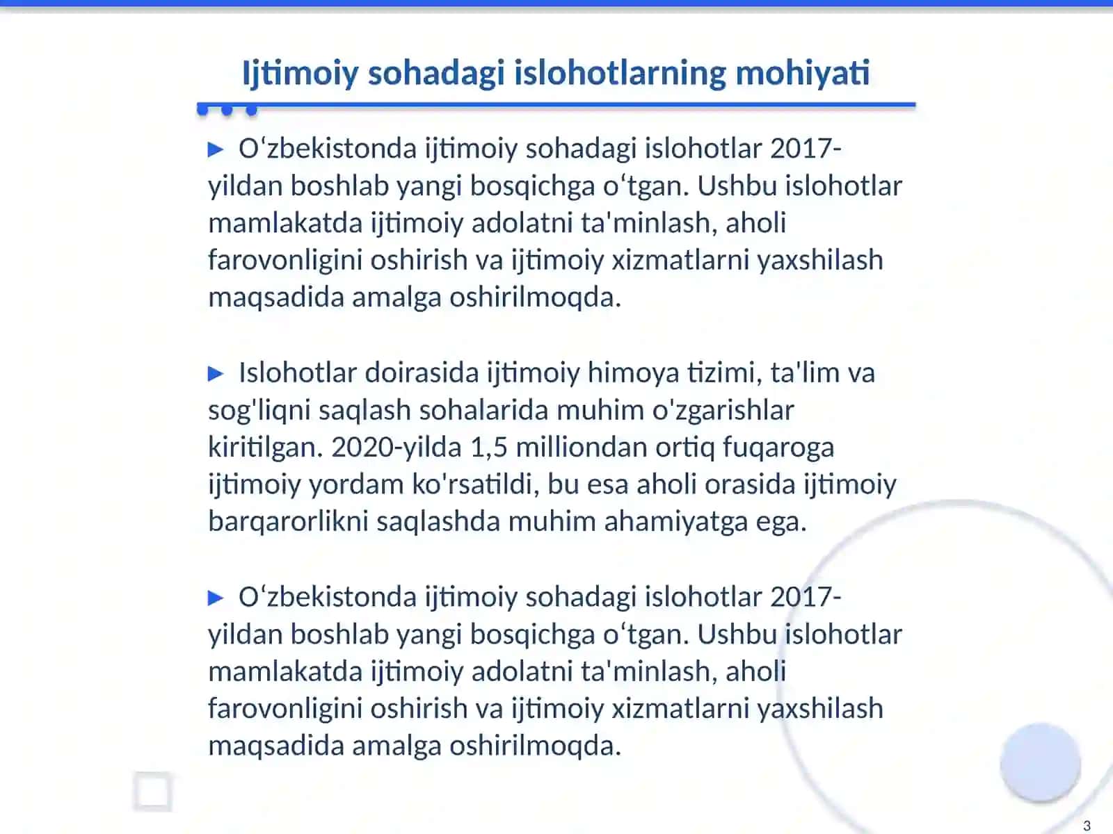 Oʻzbekiston Respublikasi ijtimoiy sohadagi islohotlar 3