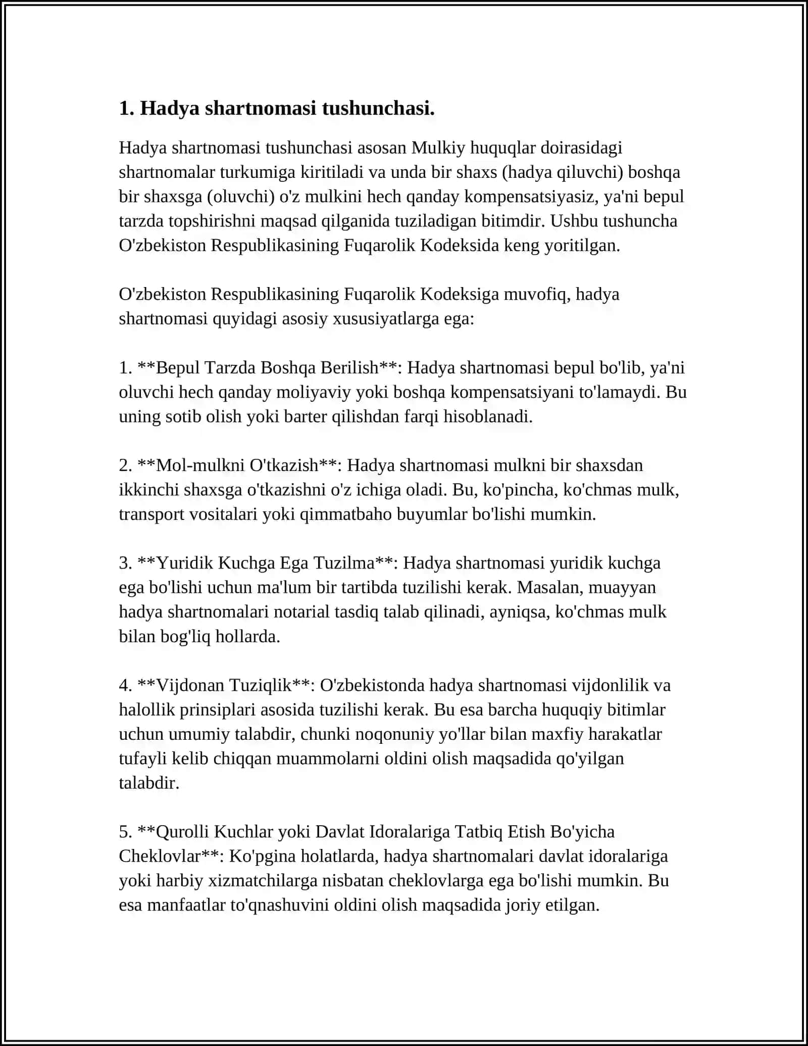MUSTAQIL ISH Mavzu: HADYA SHARTNOMASI TUSHUNCHASI. HADYA SHARTNOMASI HUQUQIY BELGILARI VA PREDMETI 3
