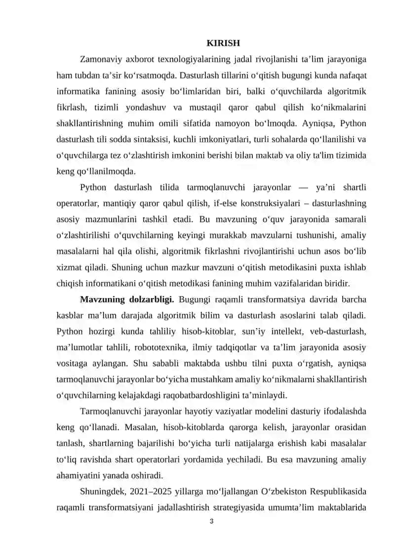 “Python dasturlash tilida tarmoqlanuvchi jarayonlarni dasturlash” mavzusini o‘qitish metodikasi 3