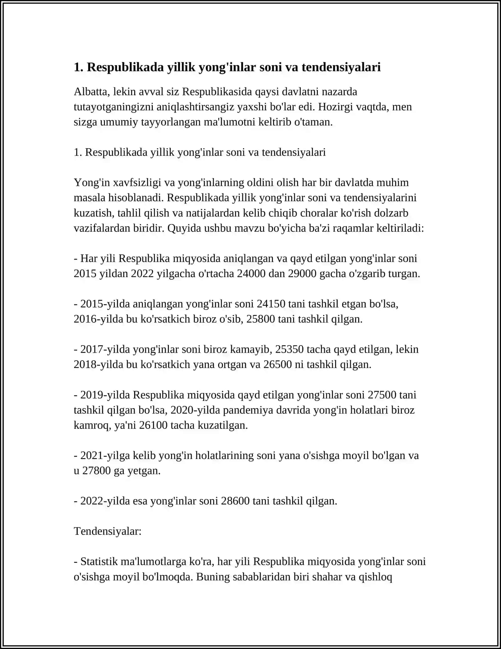 RESPUBLIKA BO'YICHA YONG'INLAR SODIR BULISHI VA ULARDAN KO'RILADIGAN ZARARLAR TO'G'RISIDA STATISTIK MA'LUMOTLAR 3