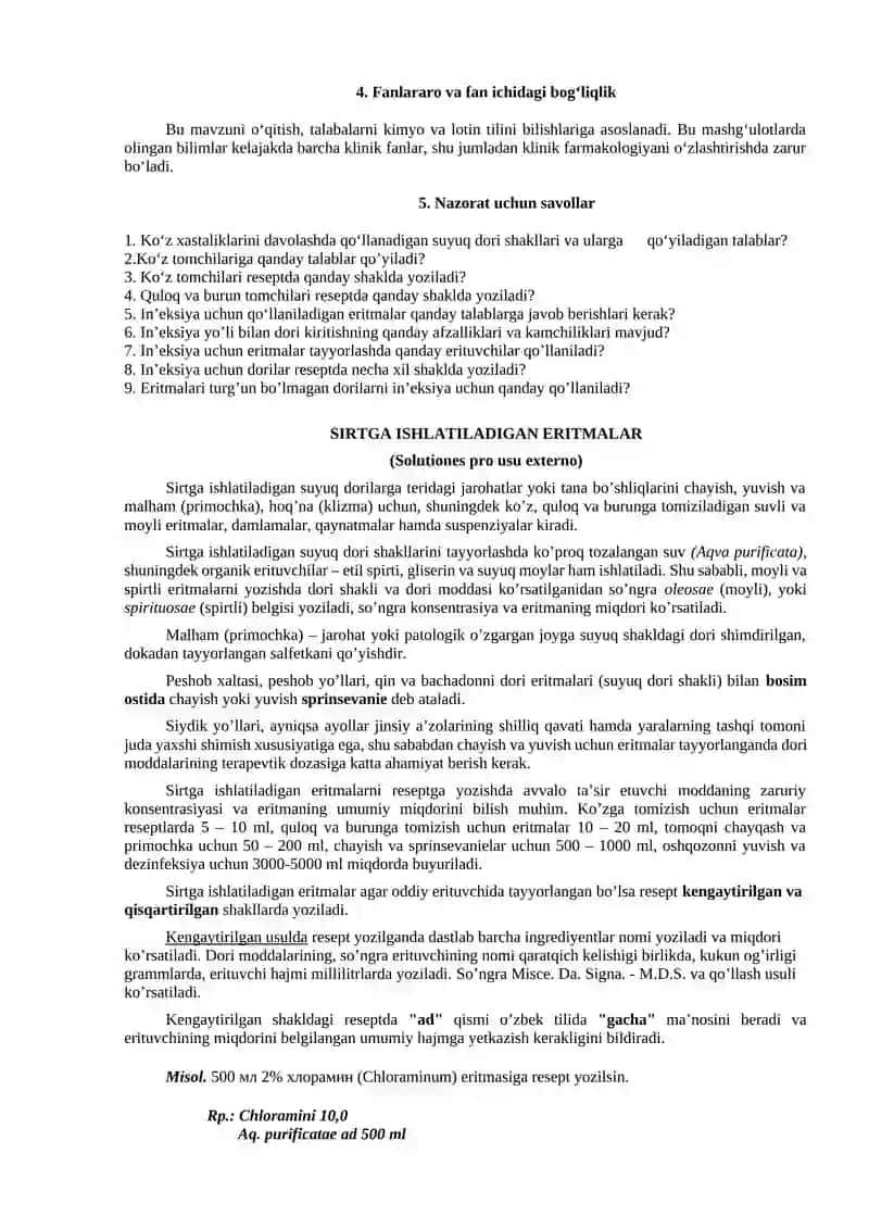 Suyuq dori shakllari va ularga retsept yozish qoidalari.(Tomchilar,nastoyka,ekstraktlar,in’eksiyalar) 3
