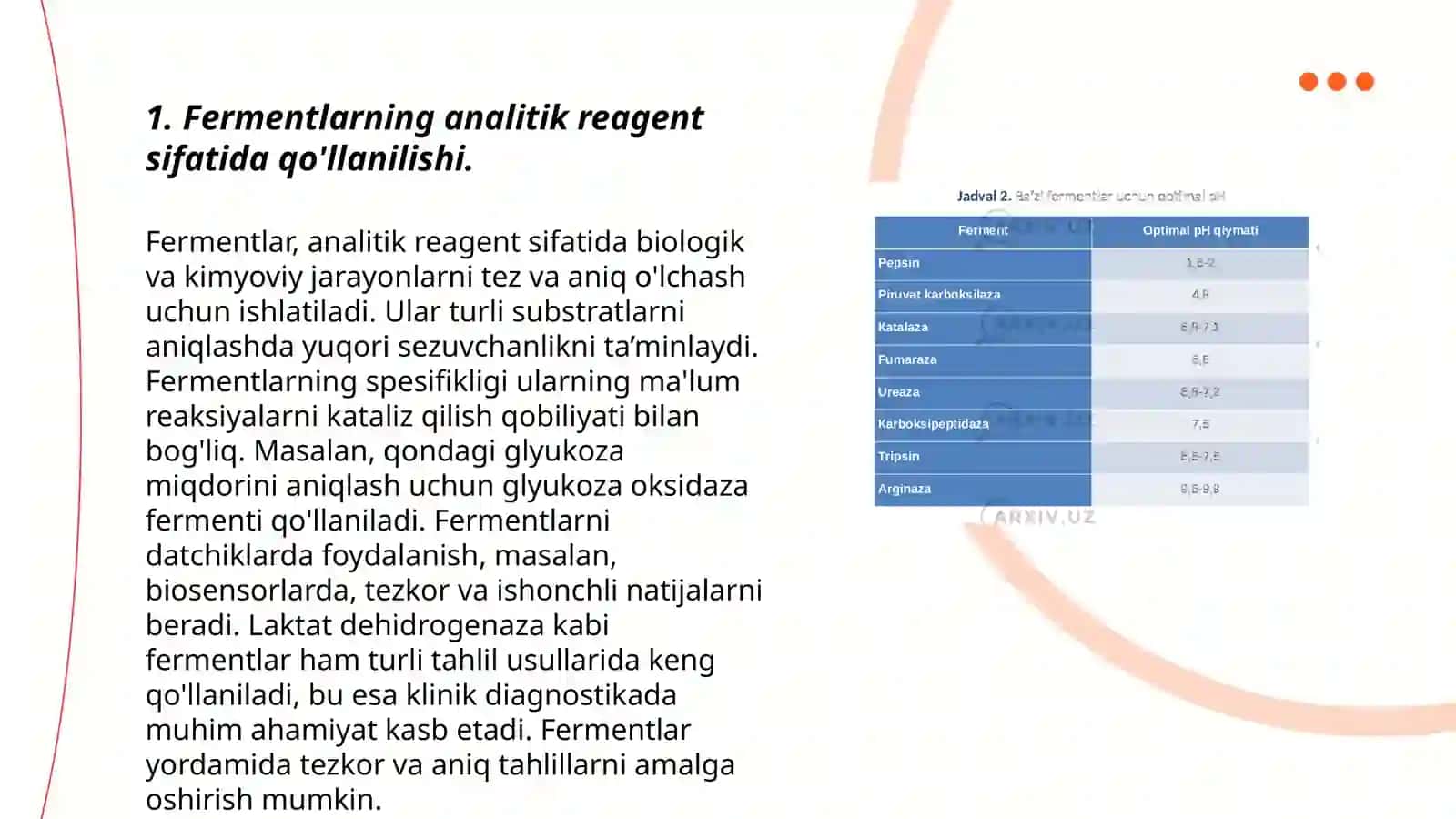 Fermentlar analitik reagentlar sifatida. Immobillangan fermentlar olinishi va qo'llanilishi 3
