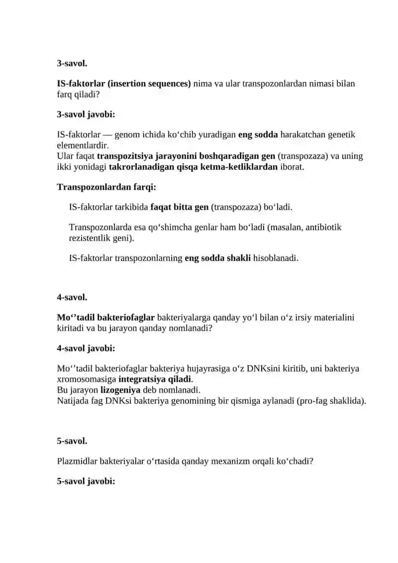 Bakterial irsiyatning xromosomadan tashqari omillari (plazmidlar, transpazonlar, Is- faktorlar, mo'tadil faglar), tibbiyotdagi ahamiyati 3