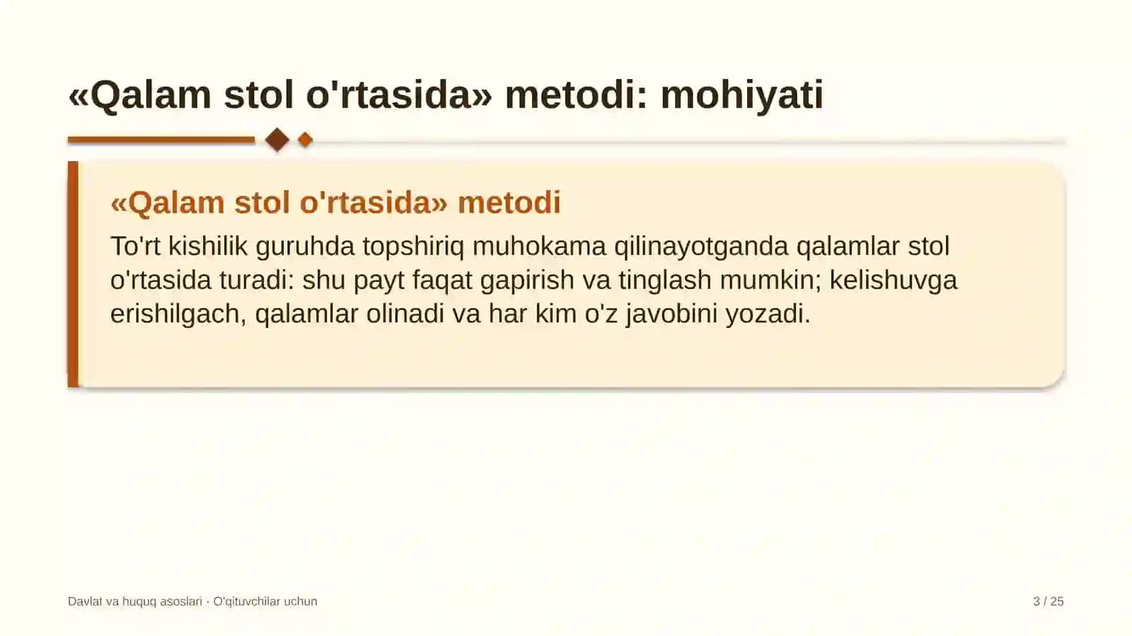davlat va huquq asoslari darslarida qalam stol o'rtasida metodidan foydalanish 9926 3