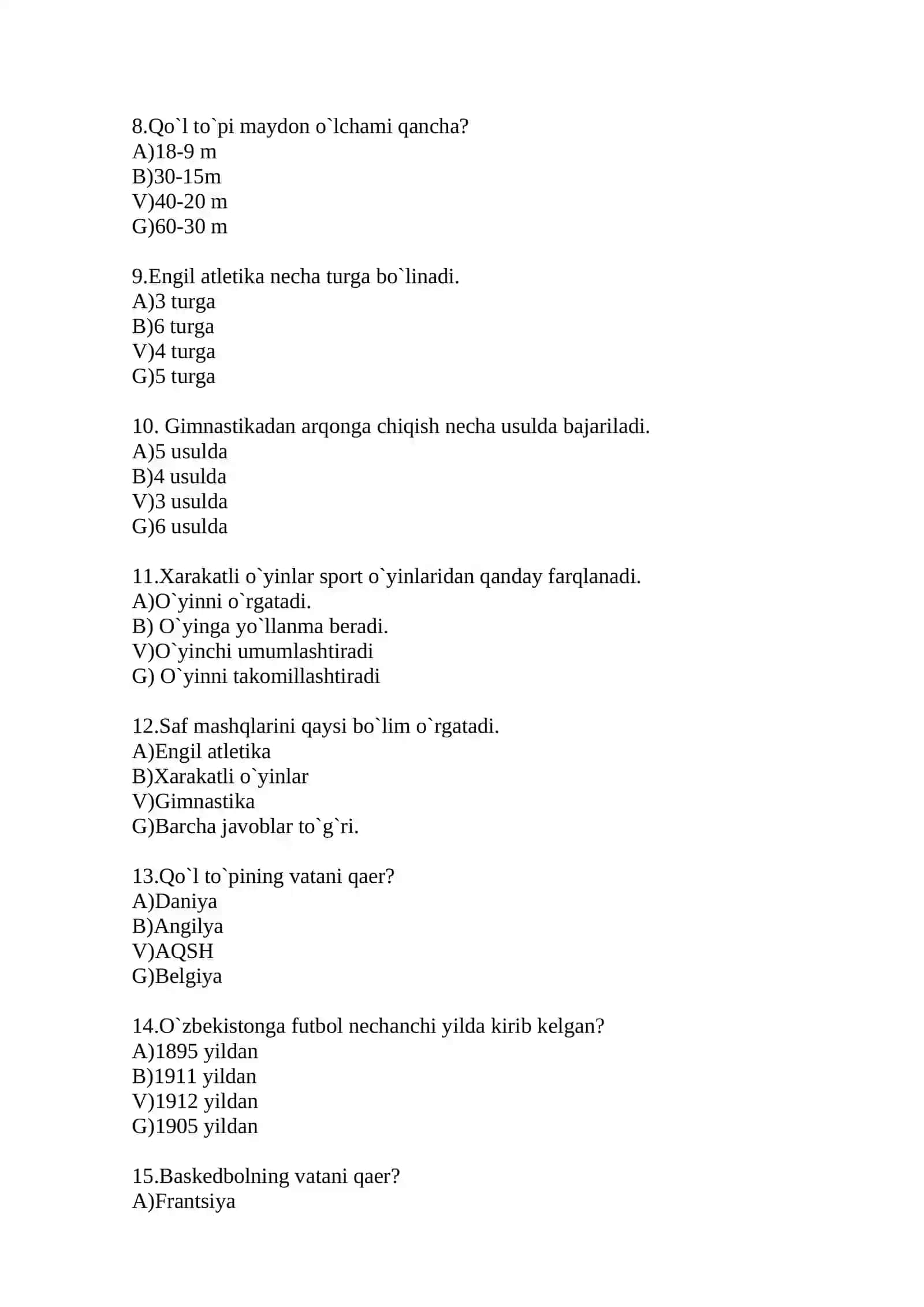 Jismoniy tarbiya fanidan 5,6,7,8,9 sinflar uchun  test savollari va javoblari 3
