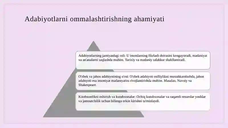 Jamiyatda kitobxonlikni hamda aholiga axborot kutubxona xizmatini oshirish. 3