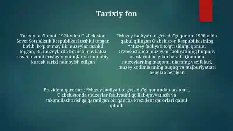 Mustaqillik Davrida Muzeylar Faoliyatini Yaxshilash Va Takomillashtirishga Doir Xuquqiy Normativ Hujjatlar 3