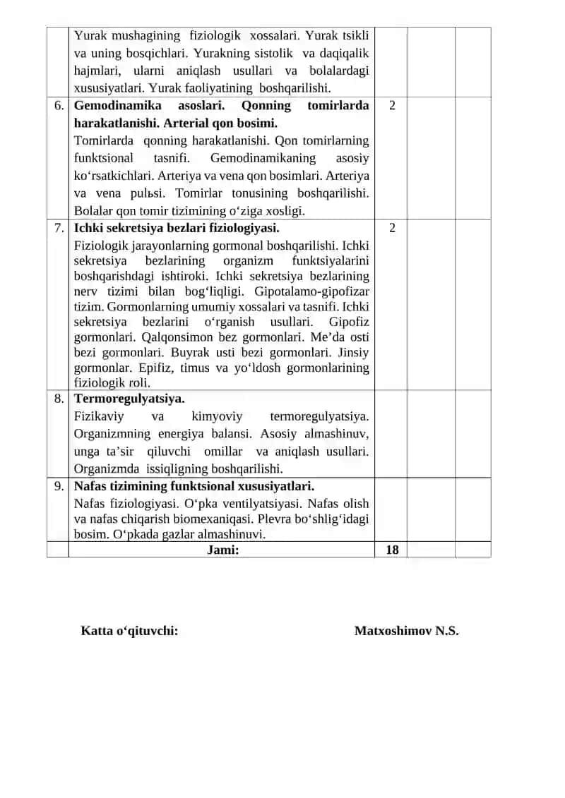 FIZIOLOGIYA MODULIDAN KALENDAR TEMATIK REJALARI 3