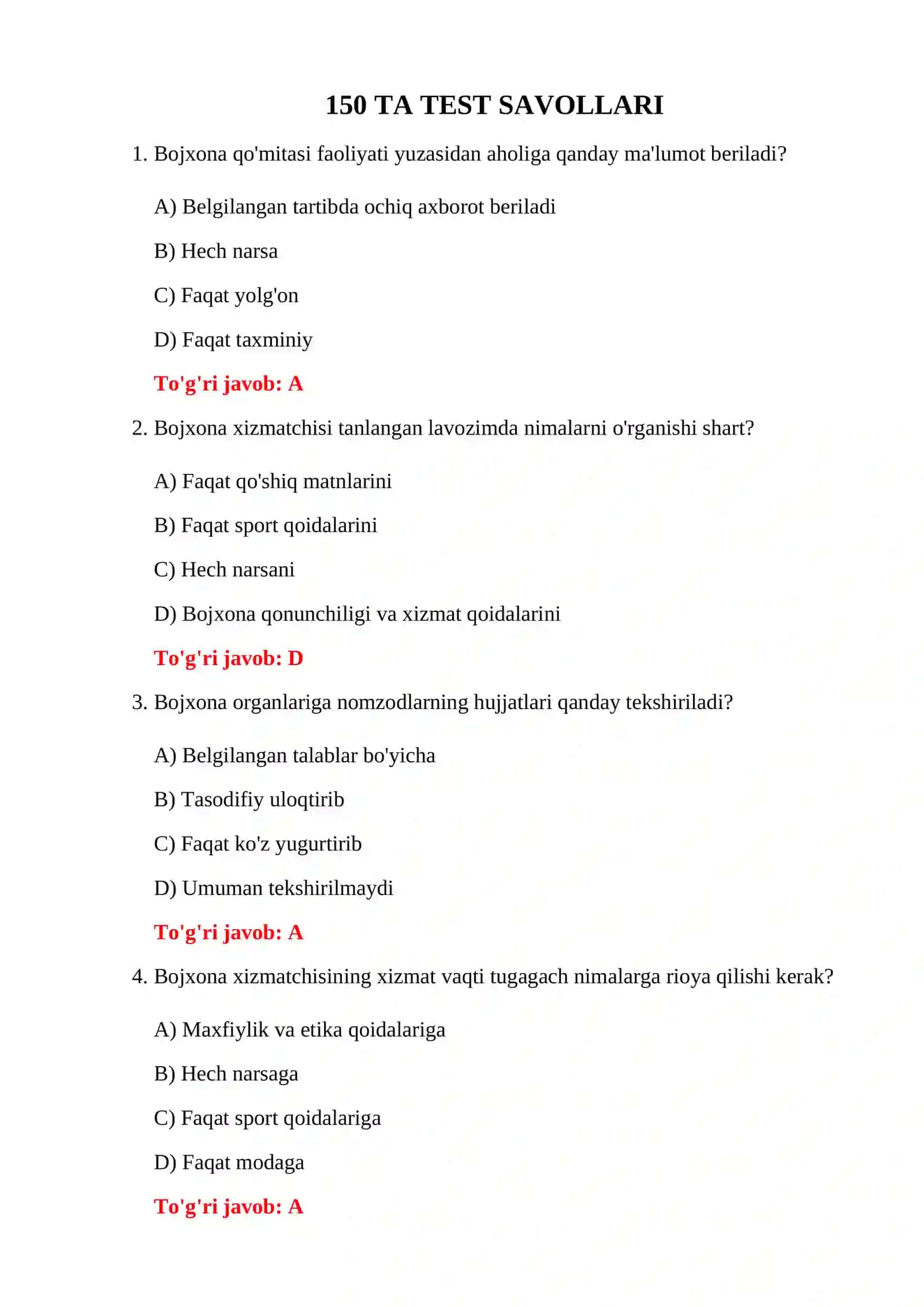 BOJXONA XIZMATIGA QABUL QILINISH TESTLARI 3