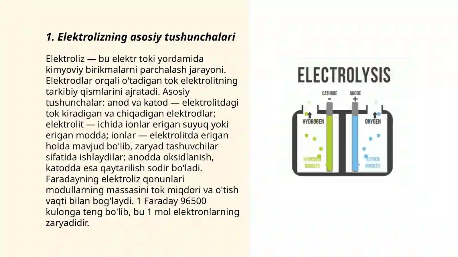 Elektroliz. Faradey qonunlari. Elektrolitik eritmalar va suyuqlanmalarning elektrolizi 3