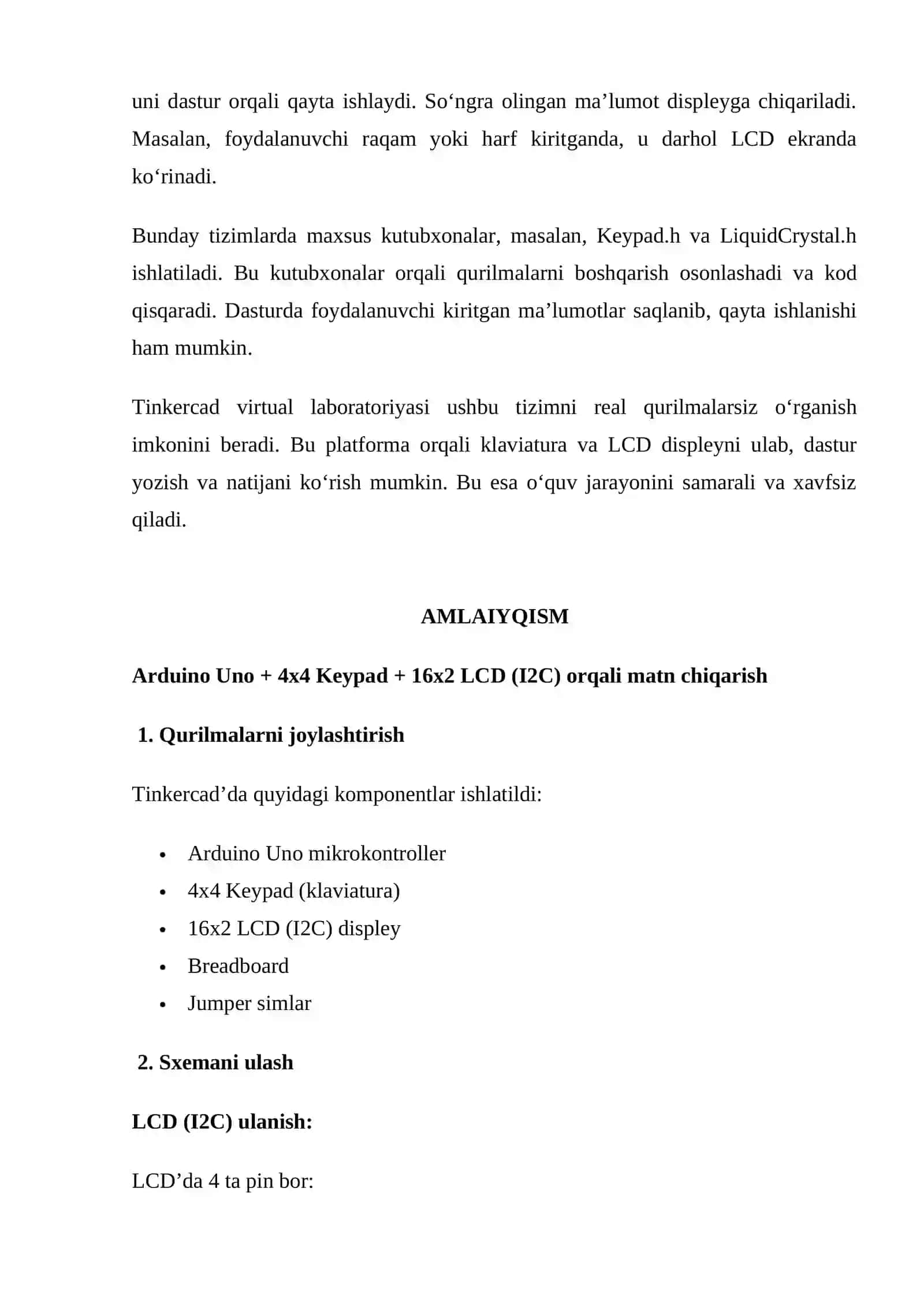 Arduino Uno va Tinkercad virtual laboratoriyada klaviatura va displeyni birgalikda ishlatishni o‘rganish 3