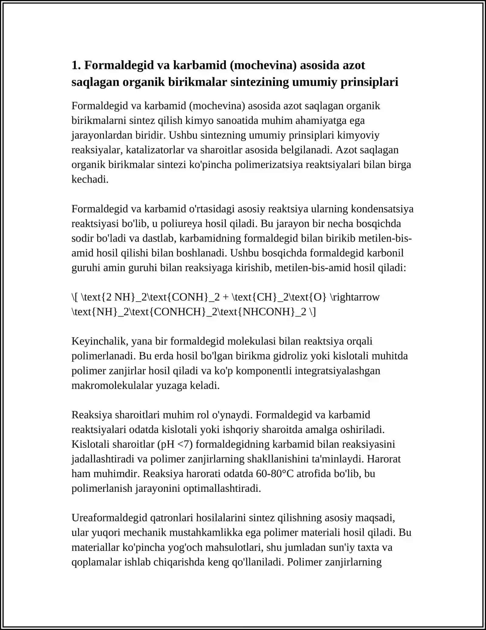 FORMALDEGID,KARRBOMID VA MOCHEVINA ASOSIDA AZOT SAQLAGAN ORGANIK BIRIKMA SINTEZI 3