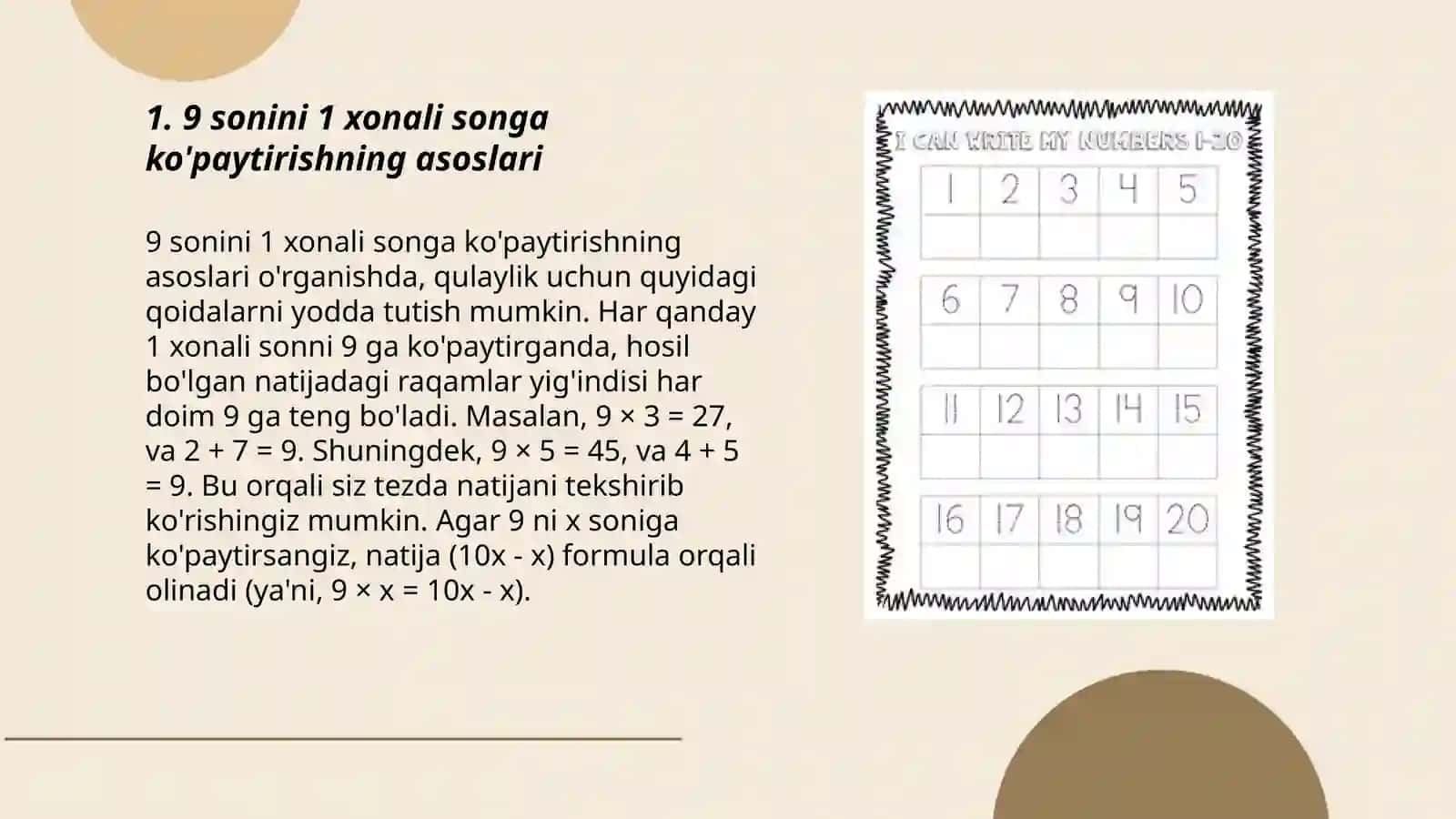 9 sonini 1 xonali songa ko'paytirishning asoslari 3