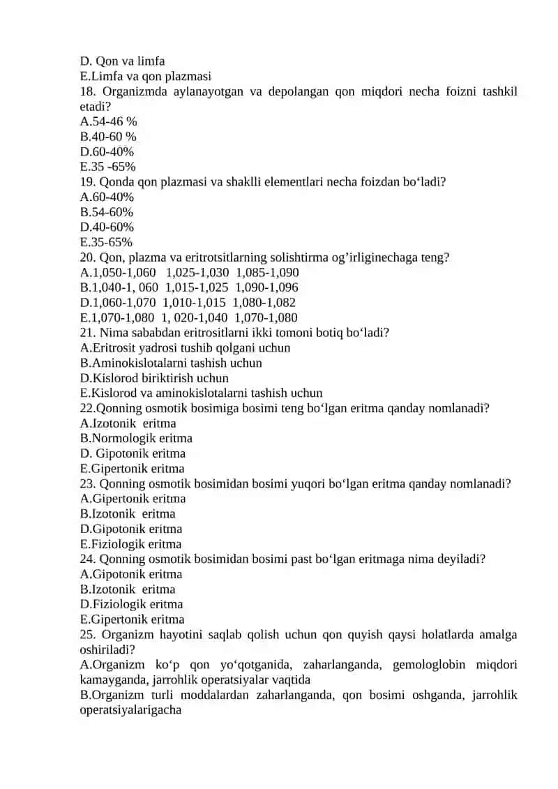 Hayvonlar fiziologiyasi fanidan YaB uchun test savollari (500 ta) 3