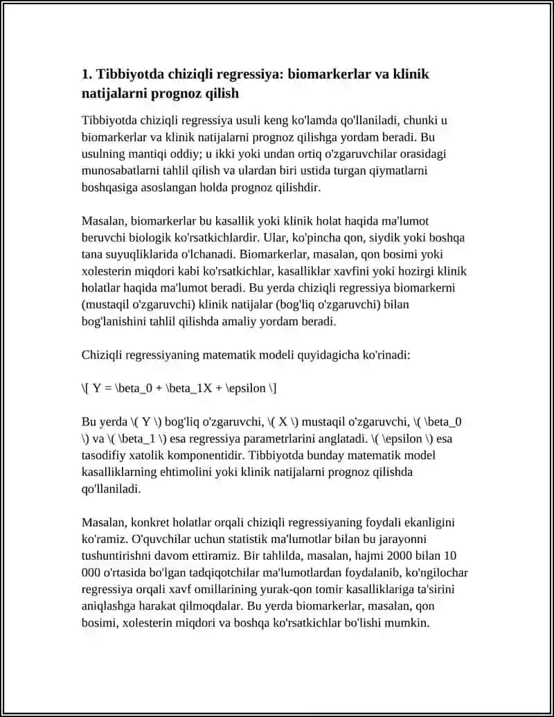 Tibbiyotda chiziqli regressiya: biomarkerlar va klinik natijalarni prognoz qilish 3
