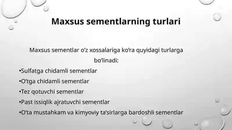 Maxsus sement ishlab chiqarish usullari.O'ta mayda maydalangan(O’MM) ko‘pkanpanentli sementlar ishlab chiqarish texnalogyasi 3