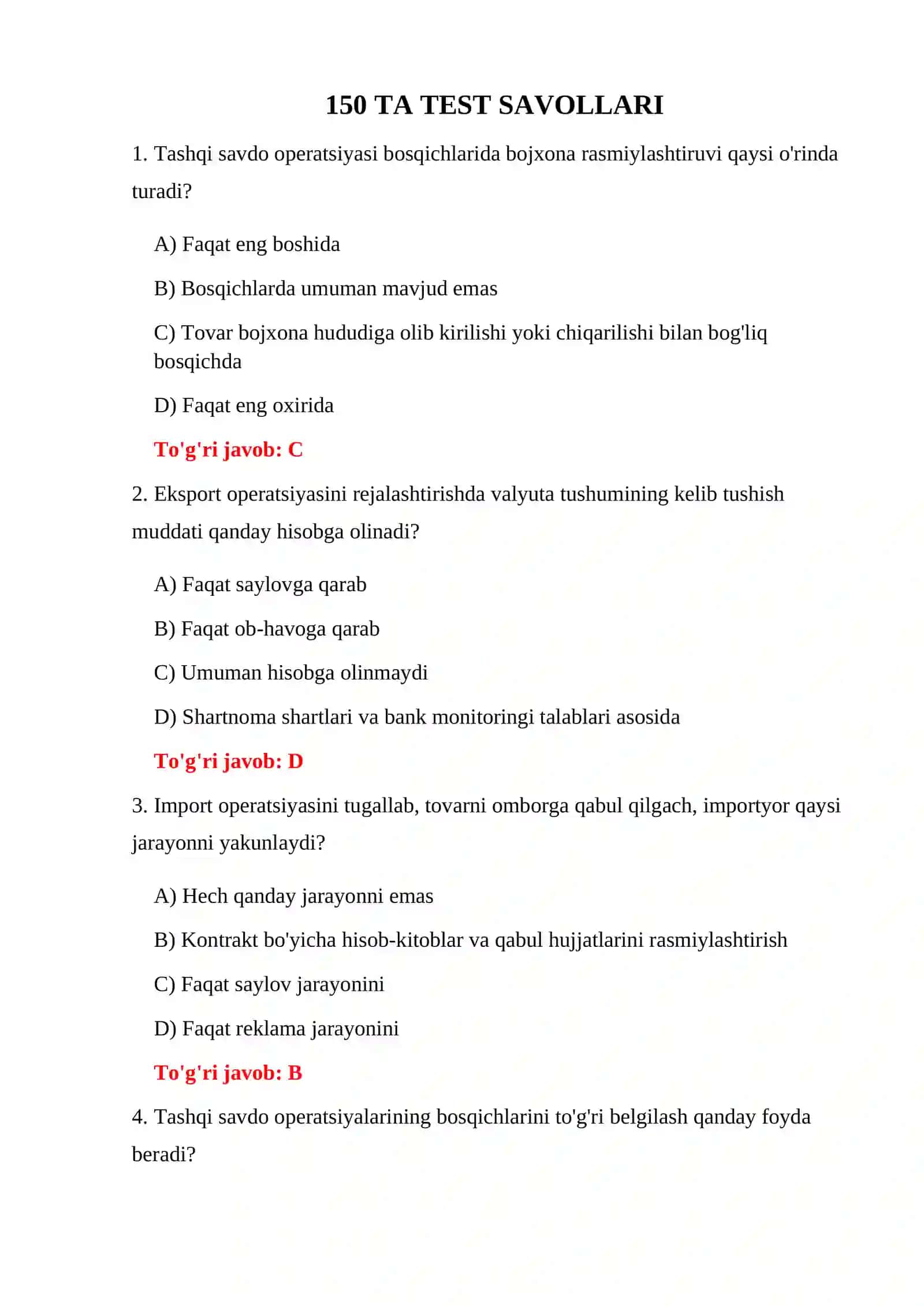 TASHQI SAVDO VA BOJXONA TESTLARI 3