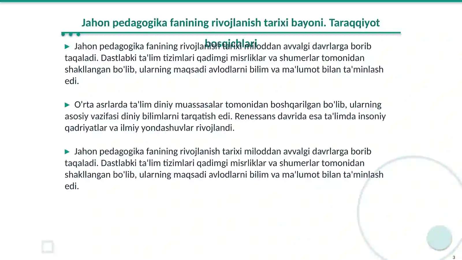 Jahon pedagogika fanining rivojlanish tarixi bayoni 3