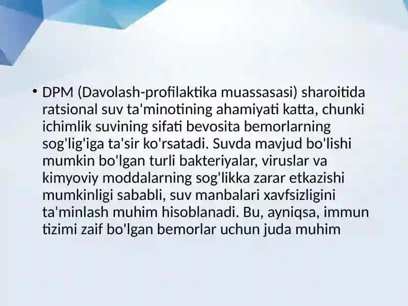 DPM da ratsional suv ta'minotining ahamiyati. Ichimlik suvining sifatini yaxshilashning zamonaviy us 3