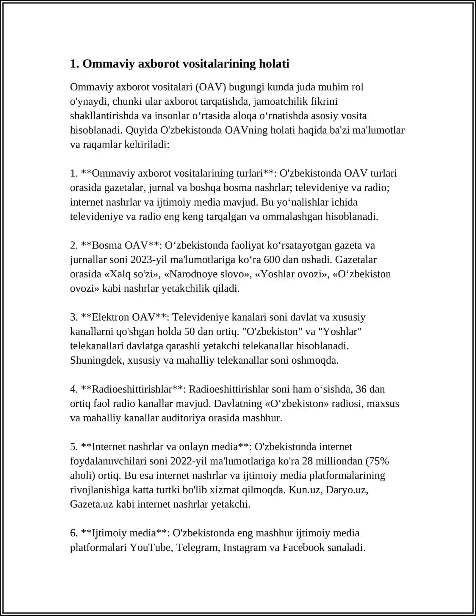 MUSTAQIL ISH Mavzu: OʻZBEKISTONNING " MATBUOT ERKINLIGI INDEKSI" DAGI OʻRNI 3